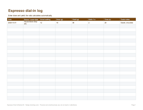 Preview of the first page of Dial-in log (XLSX)
