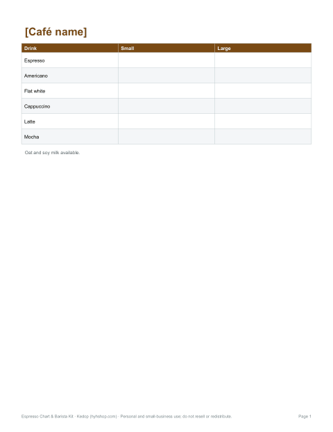 Preview of the first page of Café menu (DOCX)